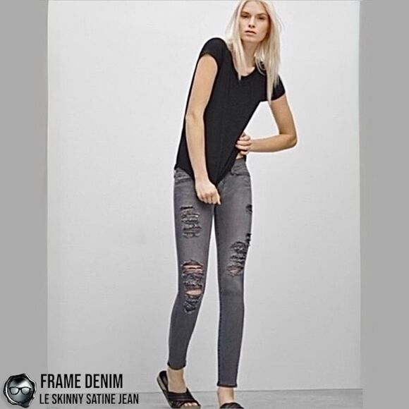 FRAME DENIM LE SKINNY SATINE DESTROYED JEANS IN GREY’S INN DARK GREY SIZE 27 - Picture 2 of 13